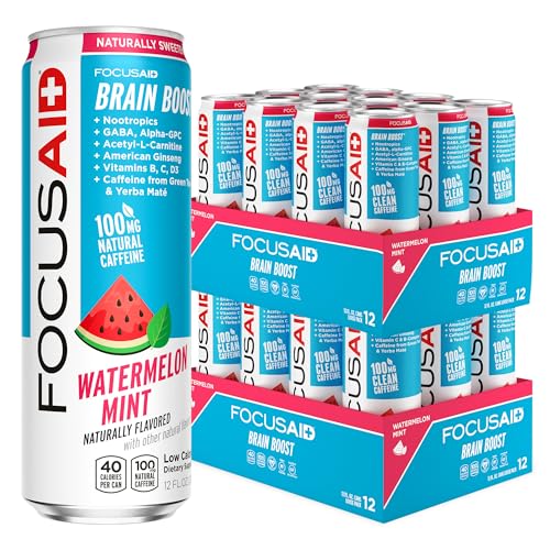 Image of FOCUSAID Energy, Brain Boost Drink, Watermelon Mint, Nootropics, Alpha-GPC, GABA, B-Complex, 100mg Caffeine, Yerba Mate, Green Tea, 100% Clean, No Artificial Sweeteners, 12-oz. cans (Pack of 24)