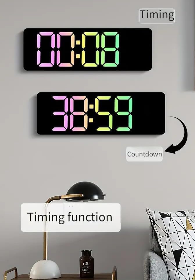 Image of 15-Inch Digital Wall Clock with Large LED Display - Remote Control, Auto-Dimming, Night Light, Date, Day, Temperature, DST Function - Ideal for Living Room, Bedroom (Rainbow)