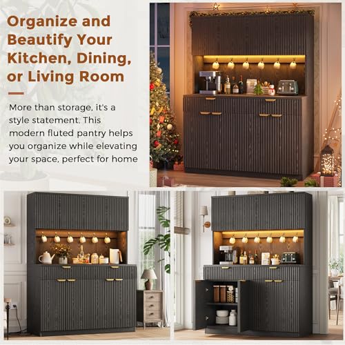 Image of Fluted Kitchen Pantry Storage Cabinet with Charging Station /LED Light /Drawer /Doors /Shelves, 71'' Tall Kitchen Food Hutch with Microwave Stand for Dining Room Living Room (Black, 47*15.7*71)