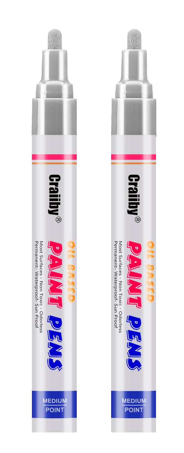 Silver Paint Markers, 2 Pack Oil-Based Waterproof Quick Dry Permanent Paint Pen Set for Rocks Painting, Wood, Fabric, Plastic, Canvas, Glass, Mugs, Metal, Tire, Stone, DIY Craft