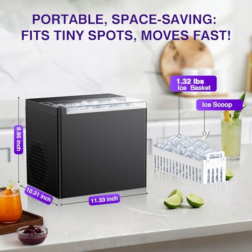 Image of Countertop Ice Makers Machine, Portable Ice Machine Producing 9 Ice Cubes Within 6 Mins, Bullet Ice Available in Two Sizes(S /L), Compact Mini Ice Maker Appliance for Home Kitchen Camping (Inky)