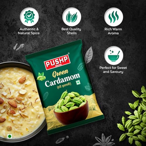 Image of Pushp Green Cardamom Whole Elaichi 20 g | 8-9mm Size | Pack of 1 |Sabut Hari Elaichi | Rich Aroma & Natural Freshness | Source from kerala |