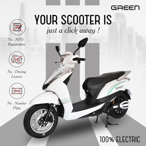 Image of Green Elaan Low Speed Electric Scooter Non RTO 60KM Range with Portable Charger (White)