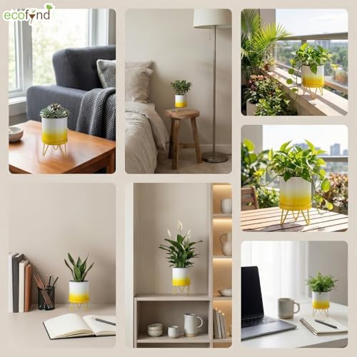 Image of ecofynd Lucas Metal Plant Pot with Yellow Stand, Modern Style Planter Set, Indoor Outdoor Home Decor Item for Garden Plants Flower, Balcony, Patio, Living Room, Garden, Bedroom (PWS032-WHTYLW)