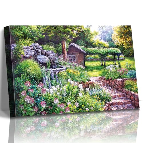 STUDIO HAVEN Thomas Kinkade Canvas Wall Art, Garden Cottage Stone Pathway Fountain Lush Blooms and Tranquil Retreat Oil Painting Poster Rustic Wall Decor, Framed Prints for Home Decor, 28x20Inch