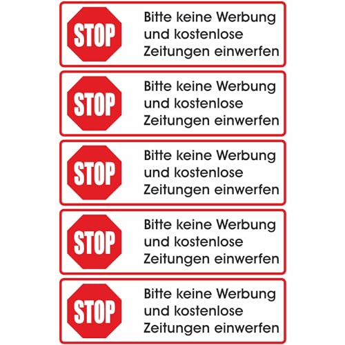 Keine Werbung! 5 weiße Briefkastenaufkleber 70x20 mm - Bitte keine Werbung und kostenlose Zeitungen einwerfen