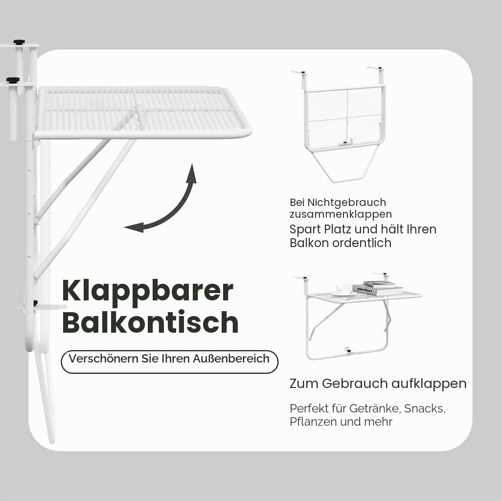 vidaXL Balkontisch Klappbar Balkonhängetisch Hängetisch Klapptisch Gartentisch Tisch Balkon Beistelltisch Balkonklapptisch Weiß 60x40cm Stahl