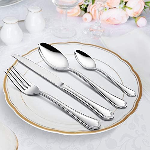 Cutlery Sets, Homikit 24 Piece Cutlery Set, Stainless Steel Fork Knife Spoon Set for 6, Flatware Silverware Tableware for Home Travel Party, Mirror Finished & Dishwasher Safe - Scalloped Edge