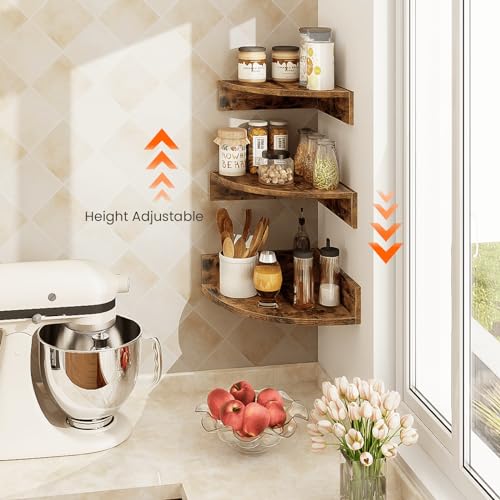 Homode Corner Shelf Wall Mount, Set of 3 Floating Corner Shelves with Cord Hole, 3 Tier Wood Wall Display Shelf, Storage for Bathroom Living Room Kitchen Bedroom, Rustic Brown and Black - Thumbnail 6