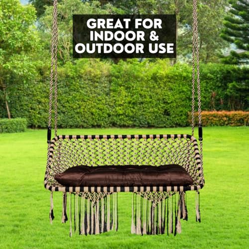 Image of Patiofy Premium Large Double Seater Swing Hanging Hammock Swing Chair for 2 People /Jhula for Adults / 2 Seater Swing for Balcony /Includes Free Hanging Kit & Cushion (Brown-Golden)