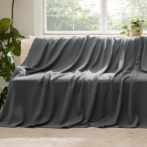 Image of Bedsure 100% Cotton Blanket, Herringbone Weave, Throw XL, Dark Grey