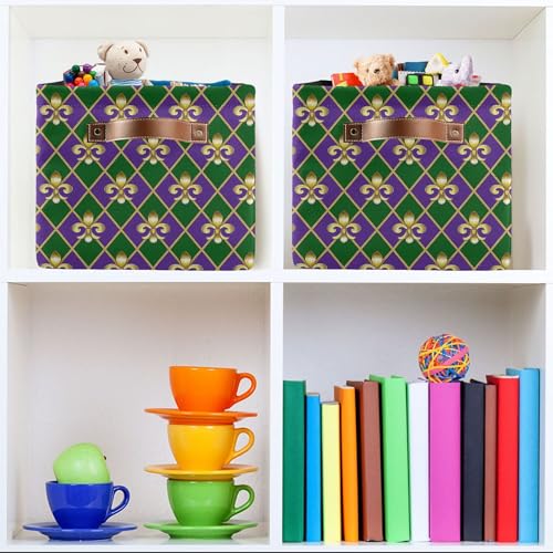 Image of Happy Mardi Gras Green Purple Storage Basket with Waterproof Liner and PU Handles Fleur de Lis Buffalo Plaid Storage Bins Boxes 14.2 inch Collapsible Decorative Organizer Baskets for Bedroom Office 2 Pack