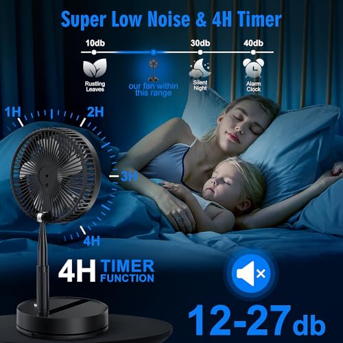 LIPETY Portable Foldable Rechargeable Oscillating Fan - 9" 7200mah Battery Operated USB C Small Fan Remote, Quiet Table Desk Fan Folding Standing Pedestal Fans for Bedroom Rome Office Camping Travel - Image 4