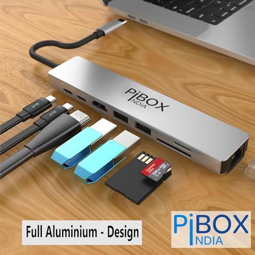 Image of pibox India USB C Hub Dock 8 in 1 Aluminum Type C Adapter with 4K HDMI Port, Ethernet 100mbps RJ45 Port, 2 USB 3.0 Ports, USB-C Power Delivery, TF /SD Card Reader, MacBook /Dell /Samsung USB C Devices