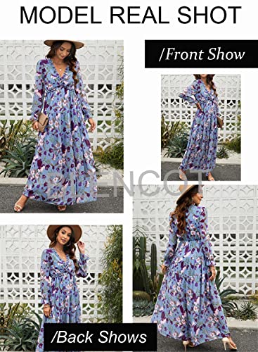 Image of BLENCOT Womens Casual Boho Floral Printed V Neck Long Sleeve Long Maxi Dress Spring Summer Dresses