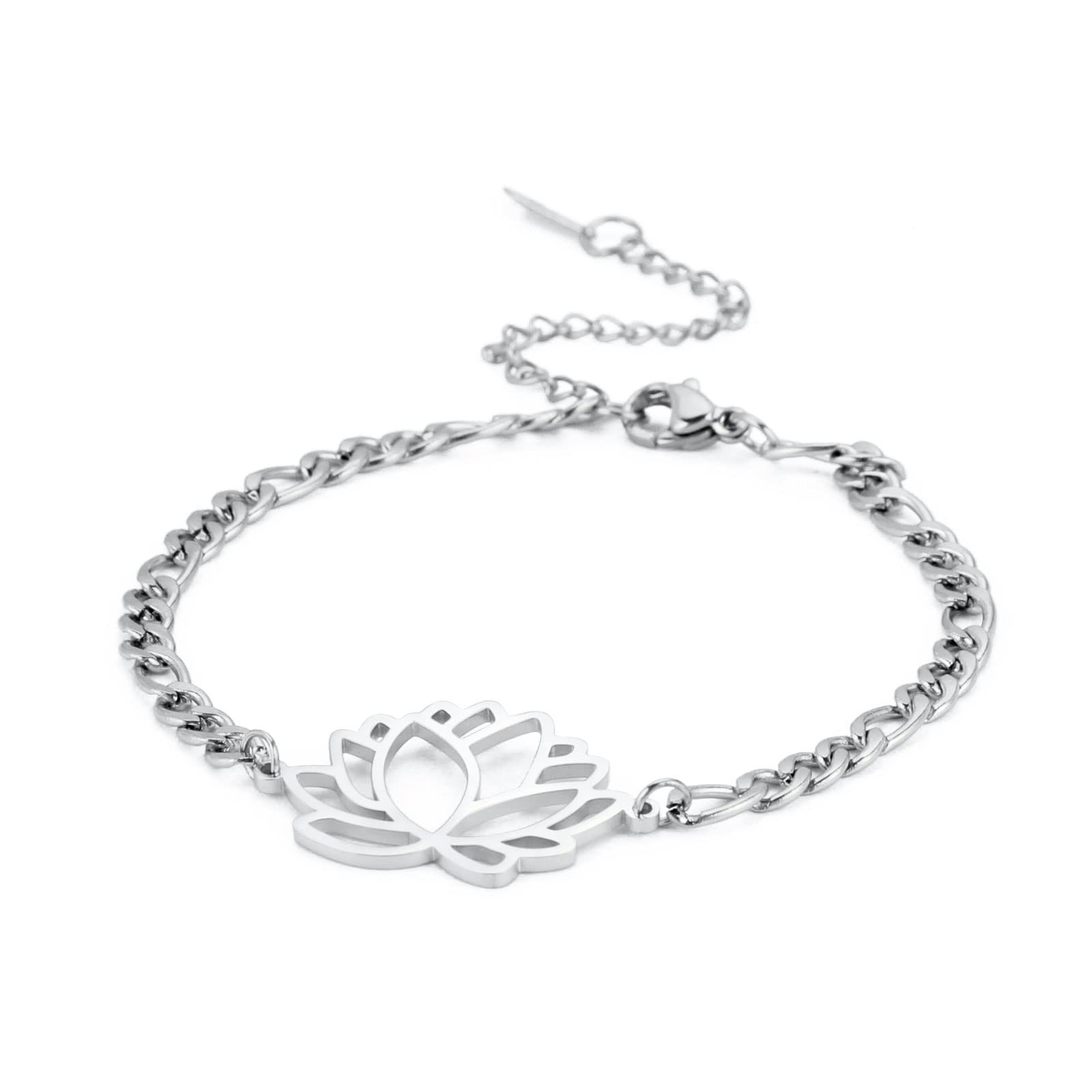 Dreamtimes Lotus Open Cuff Bangle Bracelet Bracciale in acciaio inossidabile Bracciale di loto Elegante bracciale cavo intagliato regolabile per donne Regalo di gioielli floreali Boho (Argento