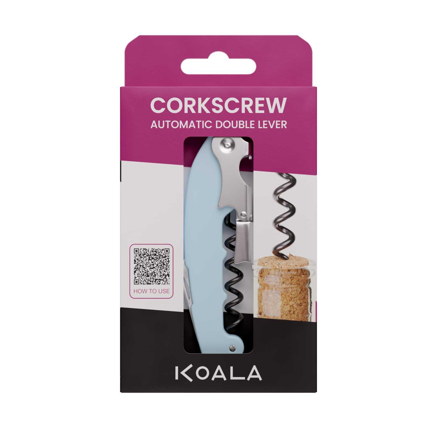 Sacacorchos Profesional Dos Tiempos Koala Retro de Acero Inoxidable con Espiral Antiadherente, Color Azul
