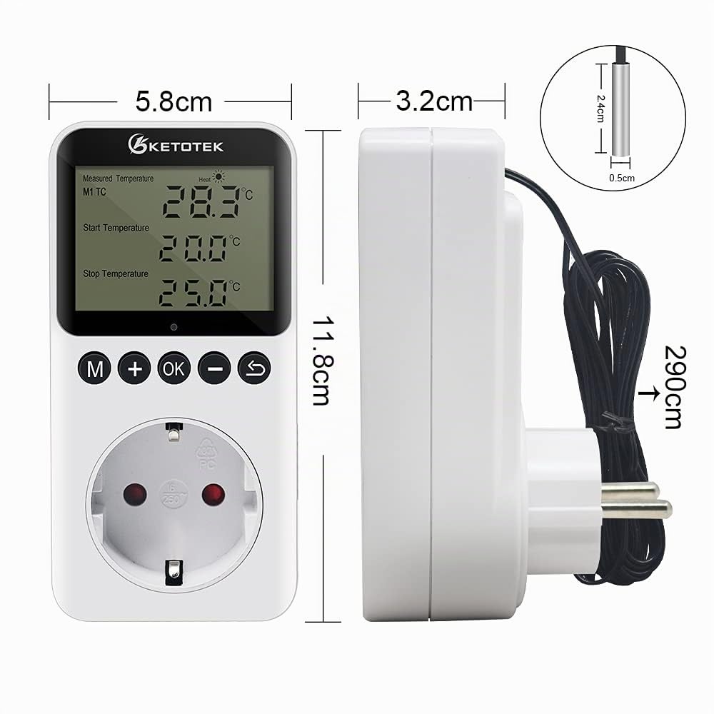 KETOTEK Digitale Presa Termostato con Timer Giorno Notte, Spina Termostato Temporizzato Rettili Terrario Regolatore di Temperatura con Sonda 220V