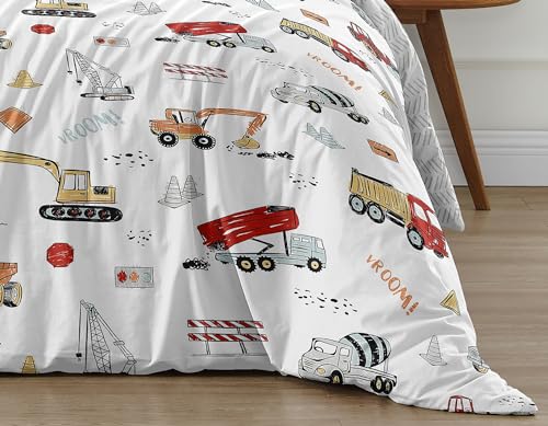 Image of Sweet Jojo Designs Construction Truck Boy Full /Queen Size Kid Childrens Bedding Comforter Set - 3 Pieces - Grey Yellow Orange Red and Blue Transportation Chevron Arrow