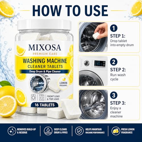 Image of scented Washing Machine (16 Tablets) Deep Cleaner Descaler Tablets for All Front and Top Load Machines, with Descaling and Stain-Removing Power (Lemon)