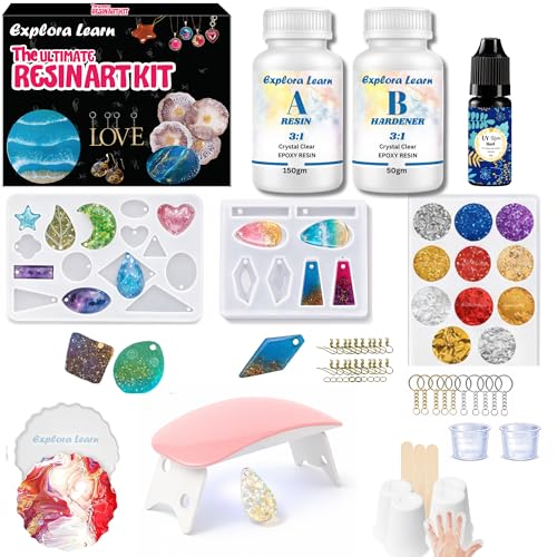 Image of exploralearn UV Epoxy Combo Resin Art Kit- Epoxy Resin (200gm 3:1) + UV Resin (10gm) with Lamp, Moulds, Glitters, Flakes & Jewellery Making Tools | DIY Craft Kit for Earrings, Pendants & Coasters