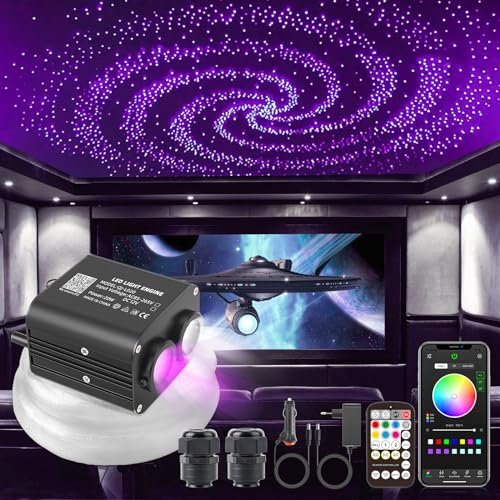 SUNKENET 20W RGBW Twinkle Ciel Étoilé Voiture, 900pcs*0.75mm*3m LED Ciel De Toit Bluetooth/Télécommande, Fibre Optique Lumineuse +Adaptateur+Prise pour...