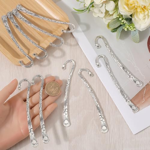 SUNNYCLUE 1 Box 12Pcs Antique Silver Bookmarks Metal Bookmark Tibetan Style Carved Hook Book Markers with Loop Retro Embossed Book Mark Vintage Bookmarks for Book Lovers Men Women DIY jewellery Making - Image 3