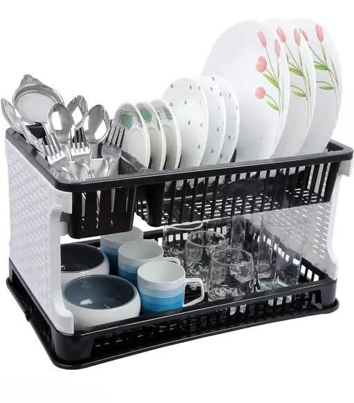 Image of HomeWiz Large 2 Tier Plastic Dish Drying Rack | Double Deck Utensil Rack with Cutlery Holder & Drainage | 50 KG + Weight Capacity | Heavy Duty Rust-Free BPA-Free Kitchen Drying Stand | 47 x 29 x 27cm