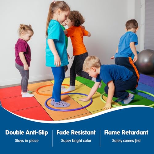 Image of Booooom Jackson Classroom Rug - 7'6''x13' Rainbow Preschool Classroom Carpet with Seating Squares, Non-Slip & No-Trip Edges, Vibrant Colors for Kids Playroom Floor Mat