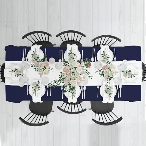 Image of HOME COLORS.IN Cotton Plain 6 Seater Table Cover - Machine Washable - Durable - Dining Table Cloth - 60 x 84 Inch - Navy Blue