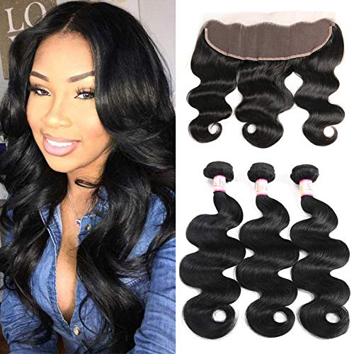 Ms Taj 8A Brazilian Body Wave 3 Bundles with Frontal Closure Ear to Ear Lace Frontal with Bundles Brazilian Virgin Human Hair with 13x4 Closure Unprocessed Human Hair Extensions (16 18 20+14)