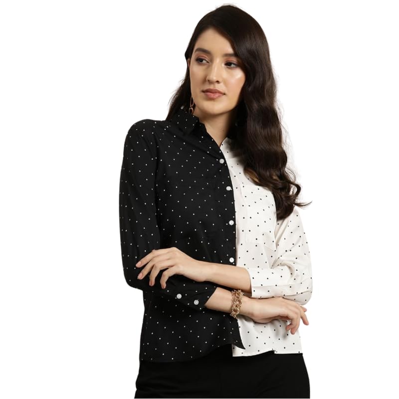 Qurvii Black and White Small Polka DOTT Color-Blocked Full Placket Shirt for Women