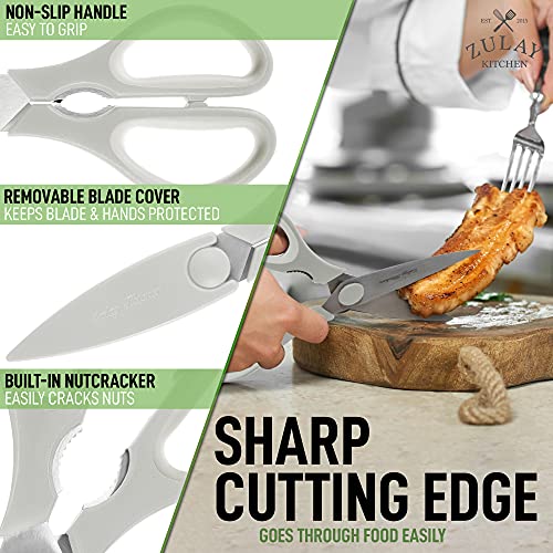 Zulay Kitchen Scissors Heavy Duty - Ultra Sharp Stainless Steel Kitchen Shears With Protective Cover - Multipurpose Food Scissors & Meat Scissors For Poultry, Fish, Herbs, & More (Light Gray) #TOP3
