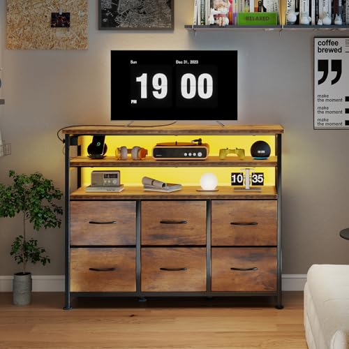Image of DUMOS TV Stand for Up to 45 inch TV, Entertainment Center with Remote or App-Controlled LED Lights & Charging Station, Media Console Table with 6 Fabric Drawers, 2 Shelves for Living Room, Brown