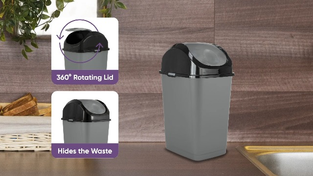 Image of Superio Mini Plastic Trash Can with Swing Top Lid 1.25 Gallon Compact Small Waste Bin Portable Garbage Can for Countertop, Desktop, Make up Vanity, Bathroom, Car, Under Sink, Dorm 5 Qt. (Grey /Black