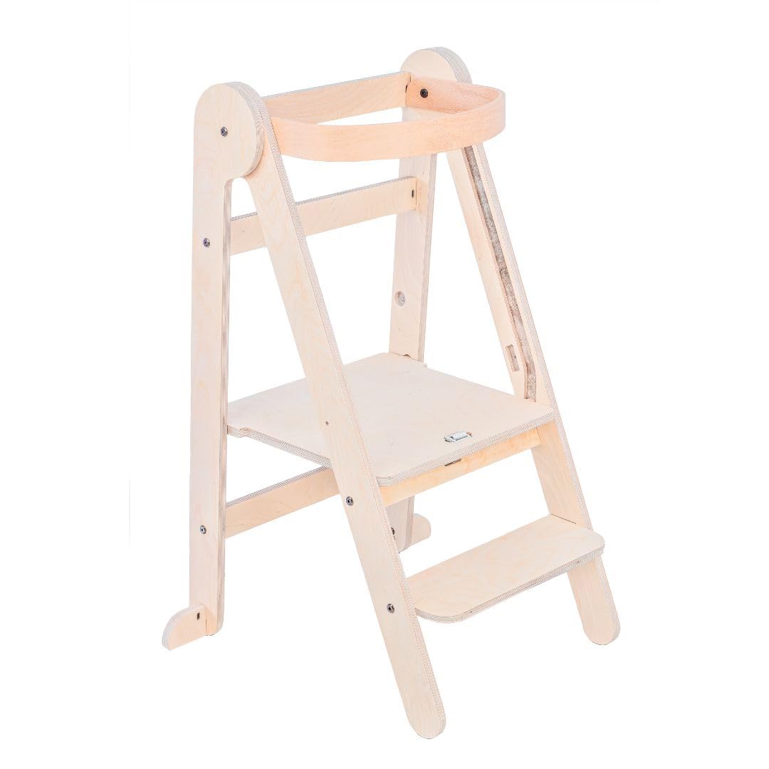 Mamatoyz 08FNAT Tour d'apprentissage en Bois Pliable Montessori Tour d'apprentissage en Bois de Bouleau Naturel Pliable avec 3 hauteurs réglables