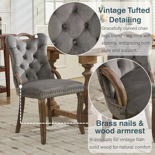 Velvet Dining Chairs Set of 2, Solid Wood Handles, Wooden Upholstered Dining Chair, Vintage Copper Nail Decoration, Mid Century Modern Kitchen Chair (Grey, Set of 2) - Image 5