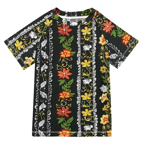 ALAZA Kids Rash Guard Boys Toddler Swim Shirts Short Sleeve Black Floral UPF 50+ 3T