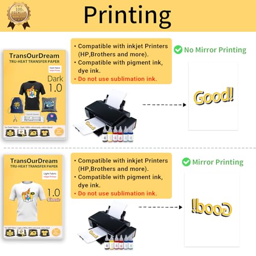 Image of TransOurDream Tru-Heat Transfer Paper for Dark and Light Fabric (15+15 Sheets, 8.5x11 inch, Mix Pack) Printable HTV Heat Transfers Vinyl for Inkjet Printers Iron on Transfers for T Shirts