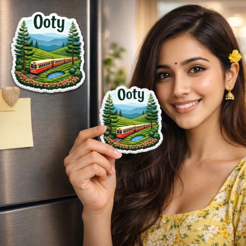 Image of Naxon Ooty Hill Station Theme Souvenir Wooden Fridge Magnet | Nilgiri Hills & Tea Gardens Design 3x3 Inch Refrigerator Magnet for Kitchen & Home Decor | Travel Gift from Ooty Tamil Nadu | Pack of 1