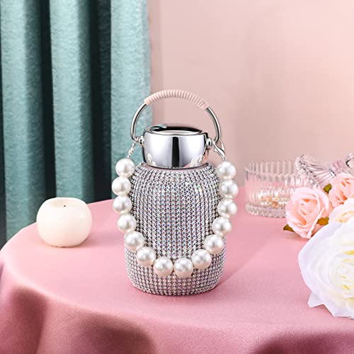 Diamond Water Bottle Rhinestone Stainless Steel Bling Vacuum Flask Refillable Insulated Thermal Bottle With Chain Glitter Water Bottle With Pearl Bracelet For Women #TOP6