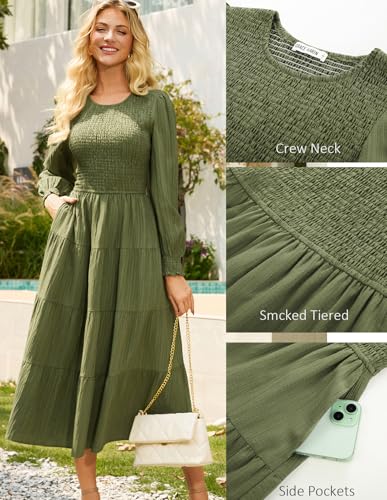 GRACE KARIN Women's Long Sleeve Casual Dress 2025, Fall A Line Flowy Dress, Maxi Smocked Tiered Dresses with Pockets2