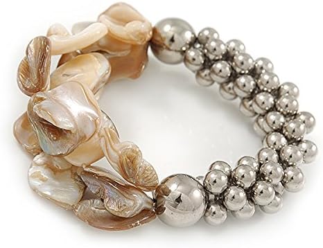 Avalaya Antique White Shell Mirrored Silver Acrylic Bead Flex Bracelet - 17cm L, silver, white / ivory - Image 5