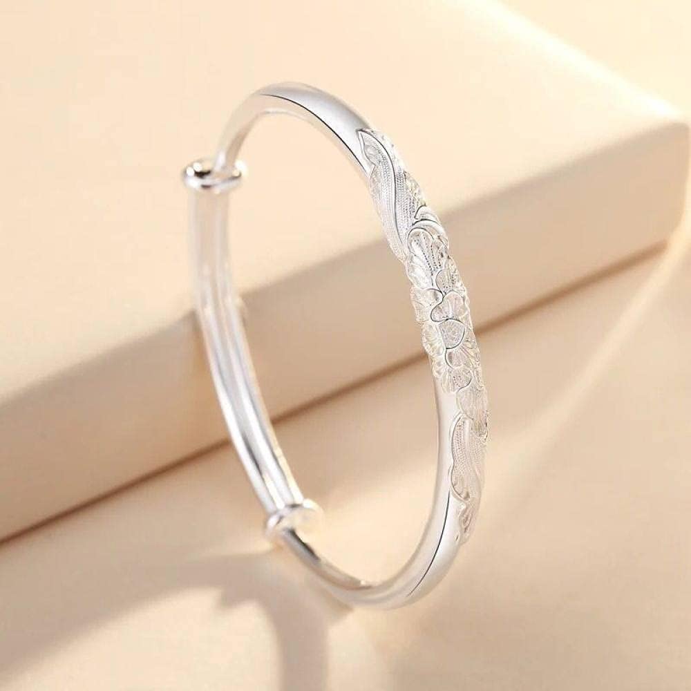 Bracciale regolabile,bracciale in argento sterling,bracciale regolabile in argento sterling 925 da donna Bracciale con peonia intagliata a mano Gioielli in argento sterling Regali di compleanno Mamma