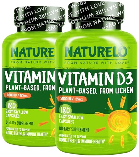 Image of NATURELO Vitamin D - 5000 IU - Plant Based from Lichen - Natural D3 Supplement for Immune System, Bone Support, Joint Health - High Potency - Vegan - Non-GMO - Gluten Free - 180 Capsules (Pack of 2)