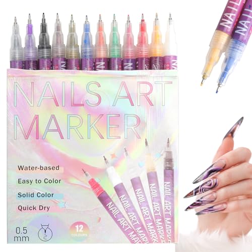 GZRXIOUS Set de marcadores para uñas, 12 colores, marcador de manicura, pincel pulidor para manicura 3D, herramientas de manicura para grafiti, puntos, dibujo, pintura, punto de línea, DIY