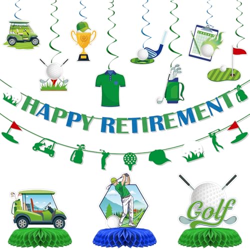 Image of Golf Retirement Party Decorations - 13PCS Golf Themed Party Decorations Happy Retirement Banner Hanging Swirls Honeycomb Centerpieces Sport Themed Retire Going Away Partee Decor Supplies