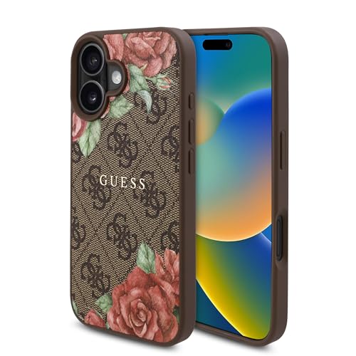 CG Mobile Guess HC Coque de téléphone conçue pour iPhone 16, Durable, résistante aux Chocs, Compatible avec Magsafe, PU 4G imprimé Fleurs Marron