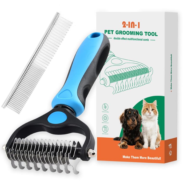 Pet Grooming Combo - Deshedding Brush with Metal Comb - Pet Hair Remover for Cats Dogs (Blue)