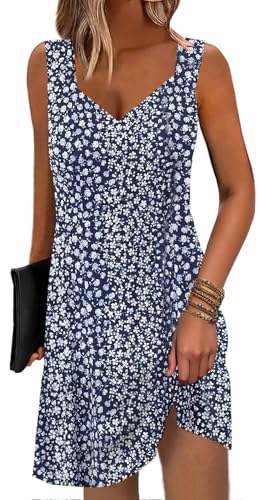 Image of SAUKOLE Summer Dresses for Women Casual Sleeveless Tank Dress Fashion V Neck Flowy Short Sundress